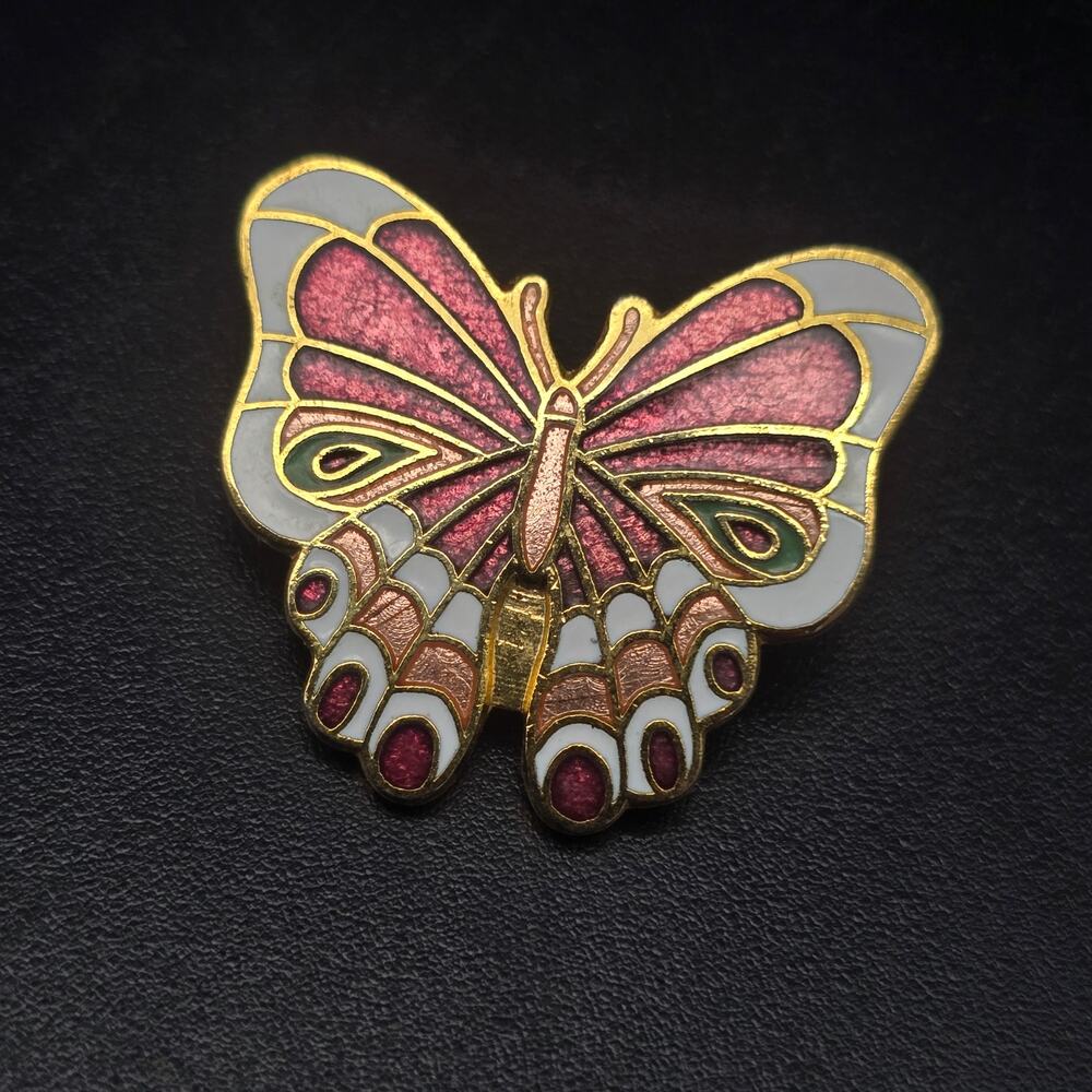 Cloisonne Enamel Butterfly Brooch Pink Petite Dainty Bug Insect Summer Jewelry
